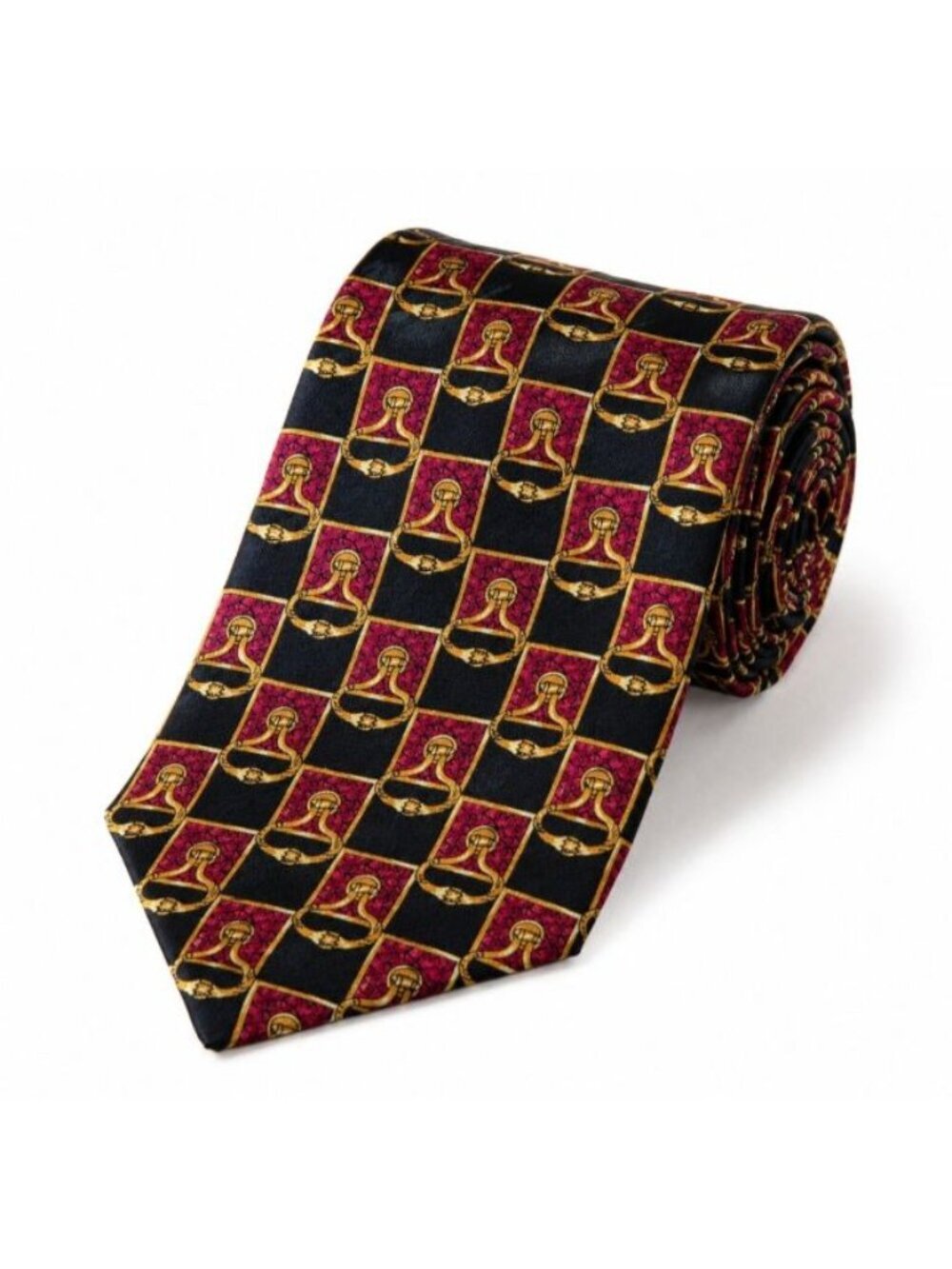 Efenzo Felini Roma Paris 100% Silk Tie Equestrian Bridle Black Red Gold Italy